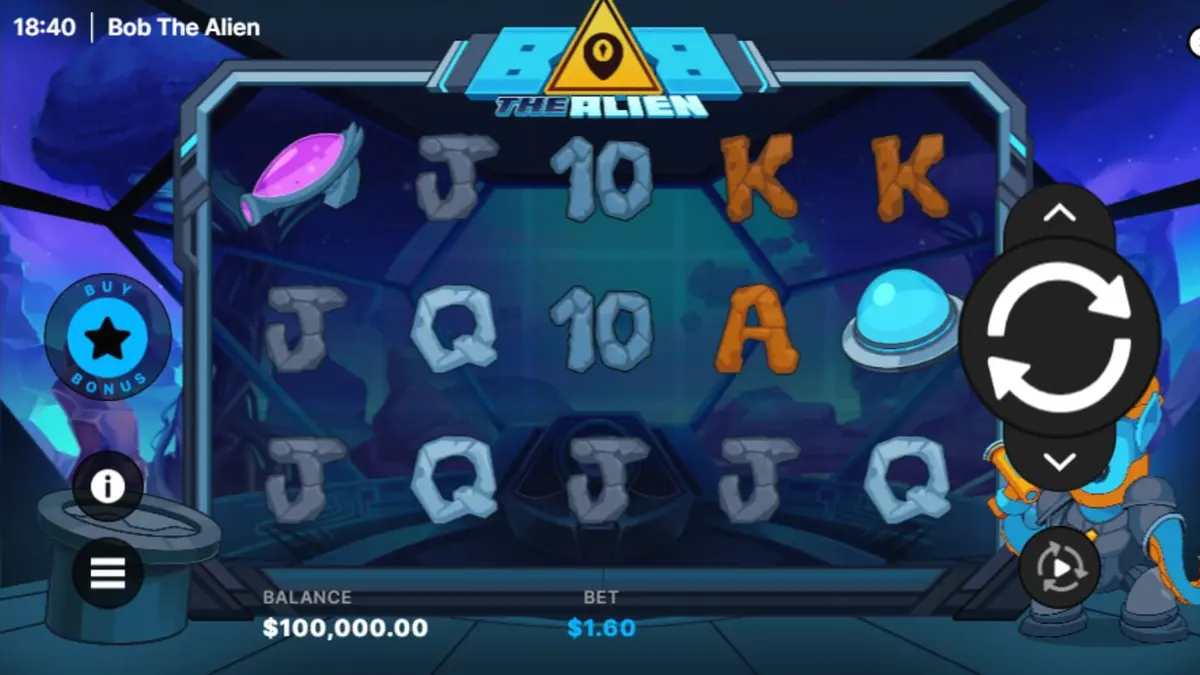 Tampilan visual neon cyberpunk dari slot Bob The Alien dengan elemen futuristik.
