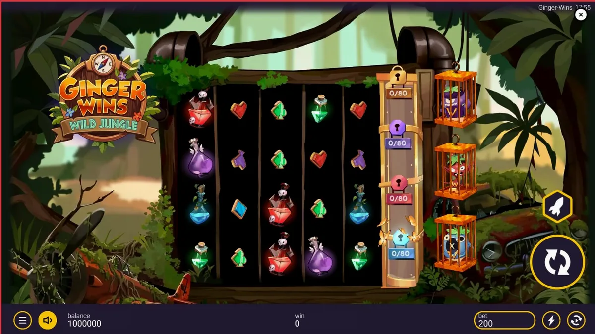 Tampilan visual slot Ginger Wins Wild Jungle dengan latar belakang hutan tropis yang rimbun.