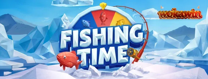 Tampilan layar permainan Fishing Time dari BGaming dengan tema memancing musim dingin.