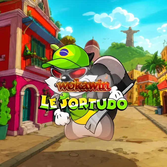 Tampilan visual cerah dari slot Le Sortudo dengan karakter Smokey si rakun di latar belakang jalanan Brasil.